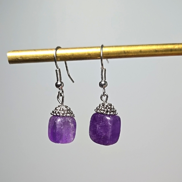 Vintange Handmade Silver Tone Purple Amethyst Dangle Earrings - Picture 5 of 16